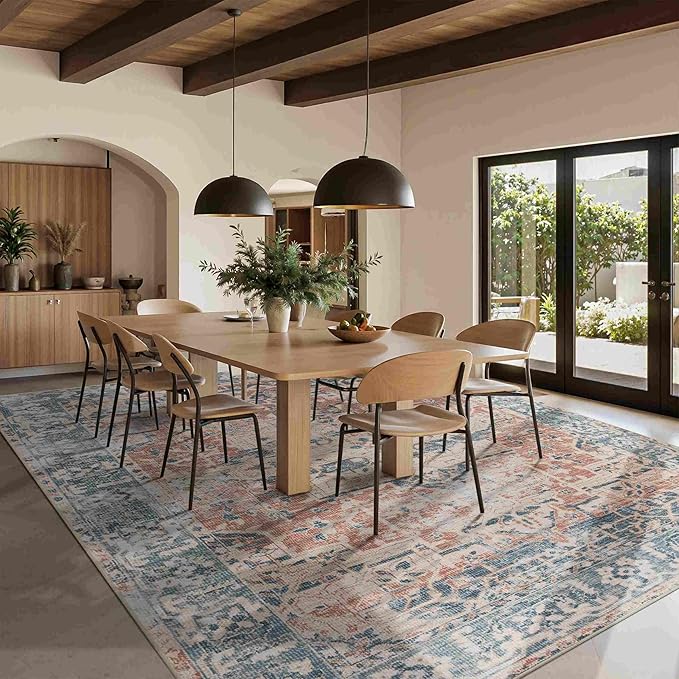 9x12 Area Rugs for Living Room Bedroom, Large Washable Rug, Coral Vintage Retro Boho Rug, Non Slip & Low Pile Faux Wool Thin Carpet for Indoor Dining Room, Kids Room(Coral Blue 9x12ft)