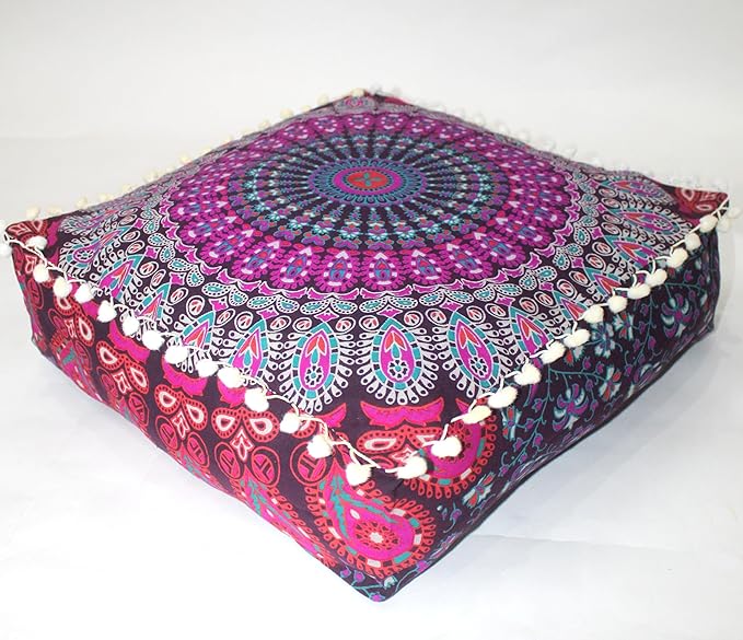 CRAFT KALA Pink Peacock Large Hippie Mandala Meditation Floor Ottoman Pillow Cushion Pouf Cover Square Poufs Bohemian Circle Floor Cushion Case Outdoor Fireplace Living Room Decor Cover 16" Square