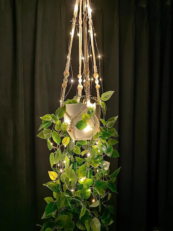 Comtelek Hanging Planter with Lights Indoor Macrame Plant Hanger Basket with Wood Beads Flower Pot Holder No Tassels for Boho Home Window Decor 35 Inch, Ivory (POTS NOT Included)