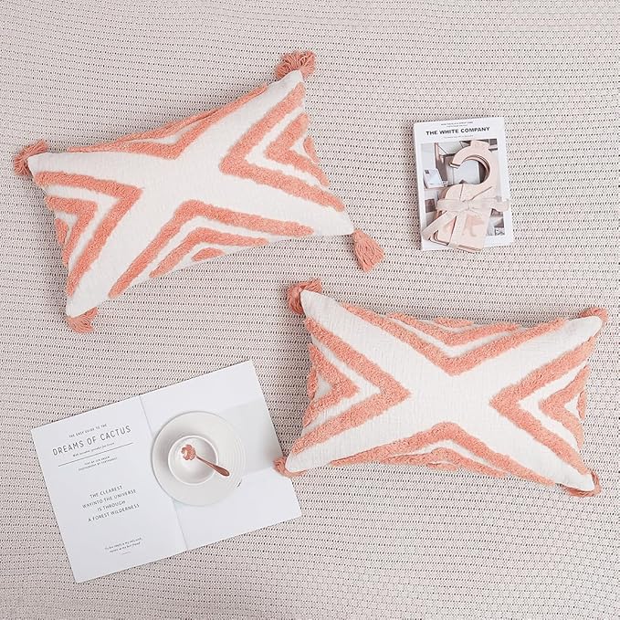 PLWORLD Boho Pink Lumbar Throw Pillow Cover 12x20 Inch with Tassels, Geometric Tufted Cream Chenille Fabric Small Accent Textured Cushion Case for Bed Couch, 1 PC Cover Only No Insert