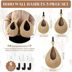 Wall Hanging Baskets for Organizing - 3 Pack Hanging Fruit Basket with 6 Pcs Strong Hooks, Handwoven Onion Storage Teardrop Home Onion Basket for Fruits Vegetable Potato Kitchen Storage(Light Linen)