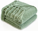 Simple&Opulence Soft Chenille Throw Blanket 50'' x 60'' - Cozy Fluffy Blanket with Fringe Tassel, Farmhouse Boho Blankets for Couch Bed Office Chair Gift Home Decor All Season Use,Sage Green