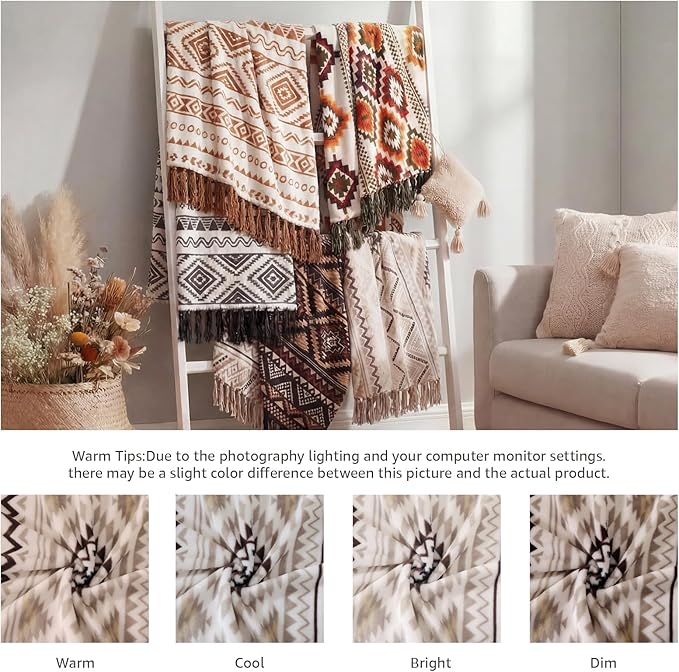 CASAAGUSTO Boho Throw Blanket - Beige and Gray Decorative Blankets with Tassel, Printed Flannel Bohemian Blanket for Chair, Bed, Sofa, Couch(60 * 80, Beige and Gray)