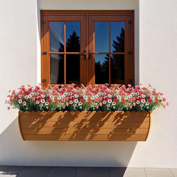 Artificial Silk Flowers Hanging Baskets Outdoors Indoors,Daisy with Eucalyptus Leaves Arrangement for Garden Yard Spring Summer Decor,Faux Green Plant in Metal Coconut Lining Flowerpot(Red and White)