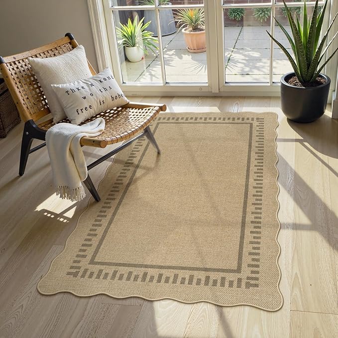 LIVEBOX Scalloped Washable 3x5 Outdoor Rug, Easy Jute Tan Rugs for Entryway Bedroom, Indoor Outdoor Non Slip Farmhouse Rugs for Patio Living Room, Geometric Carpet Front Door Mat for Porch Kitchen