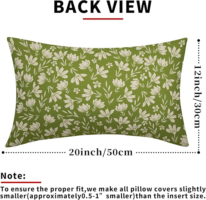 Lime Green Pillow Covers 12x20 Set of 2 Vintage Floral Rustic Old Style Cute Flower Print Rectangle Decorative Outdoor Pillowcases Seasonal Farmhouse Throw Cushion Case Couch Sofa Bed Decor