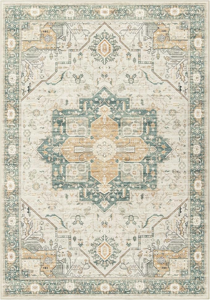 6x9 Rug, Stain Resistant Washable Area Rugs with Anti-Slip Backing, Vintage Rug, Large Bedroom, Living Room Rugs, Foldable Soft Rug (Green/Light Grey, 6'x9')