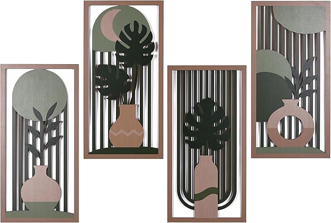suruim Boho Wall Art Set of 4, Abstract Geometric Wooden Wall Decor, Mid-Century Modern Aesthetic Artwork with Arch, Vase & Botanical Design for Modern Home Decor for Bedroom, Office & Living Room(D)