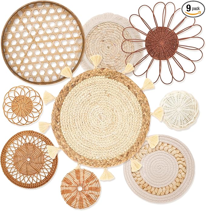 Teiyamsy 9 Pcs Boho Wall Basket Decor Handmade Woven Wicker Basket Wall Decor Round Farmhouse Hanging Wall Art for Rustic Home Living Room Kitchen Bedroom(Serene)