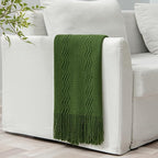 MIULEE Olive Green Knitted Throw Blanket for Couch Boho Textured Cozy Woven Blanket with Tassels for Sofa Chair Bed Living Room Spring Acrylic Wave Pattern 50"x60"