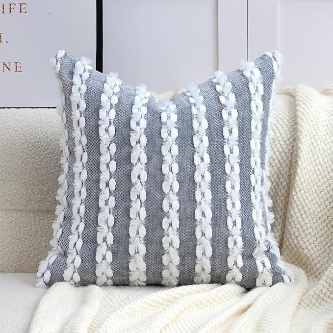 18x18 Boho Pillow Cover - Chenille Tufted Decorative Throw Pillow Cover Soft Velvet Backing, Farmhouse Square Accent Pillow Case for Sofa, Couch, Bedroom, Living Room, Grey-White Stripe