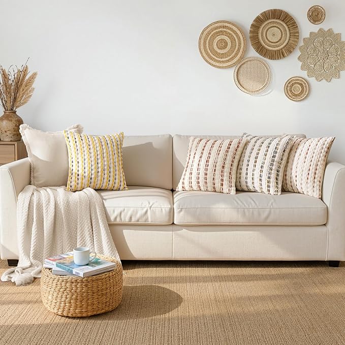 ANRODUO Boho Chenille Textured Tufted Pillow Covers 18x18 Inch Set of 2 Woven Decorative Throw Pillow Covers with Raised Stripes Accent Neutral Pillowcase for Couch Sofa Bed Living Room, Yellow Cream