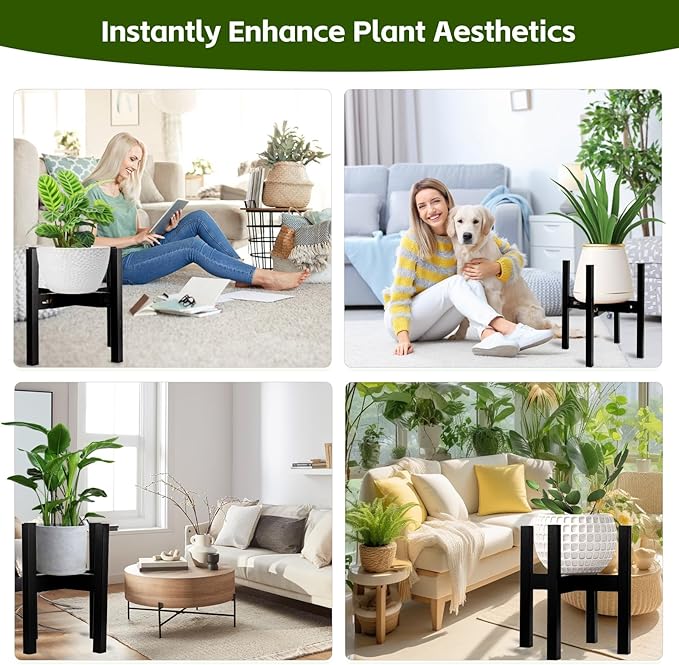 Adjustable Bamboo Plant Stand for Indoor Plants, Holder Rack Fits 8"-12" Pots for Living Room, Bedroom, Corner - Space Saving Shelf (Pot & Plant Not Included)(Black)