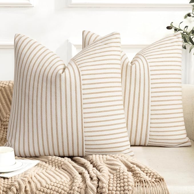 YCOLL Farmhouse Pillow Covers 16x16, Modern Accent Square Throw Pillow Covers Set of 2, Khaki and Beige Striped Patchwork Linen Decorative Pillows Cushion Covers for Couch Chair Bedroom Home Decor