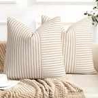 YCOLL Farmhouse Pillow Covers 20x20, Modern Accent Square Throw Pillow Covers Set of 2, Khaki and Beige Striped Patchwork Linen Decorative Pillows Cushion Covers for Couch Chair Bedroom Home Decor