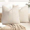 YCOLL Farmhouse Pillow Covers 22x22, Modern Accent Square Throw Pillow Covers Set of 2, Khaki and Beige Striped Patchwork Linen Decorative Pillows Cushion Covers for Couch Chair Bedroom Home Decor