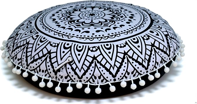 Round Mandala Floor Pillow Cover Seating Cushion Throw Cover Hippie Decorative Bohemian Ottoman Pouf Cover, Pom Pom Pillow Cases,Boho Indian 22 Inches (Black Flower)
