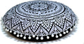 Round Mandala Floor Pillow Cover Seating Cushion Throw Cover Hippie Decorative Bohemian Ottoman Pouf Cover, Pom Pom Pillow Cases,Boho Indian 22 Inches (Black Flower)