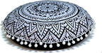 Round Mandala Floor Pillow Cover Seating Cushion Throw Cover Hippie Decorative Bohemian Ottoman Pouf Cover, Pom Pom Pillow Cases,Boho Indian 22 Inches (Black Flower)