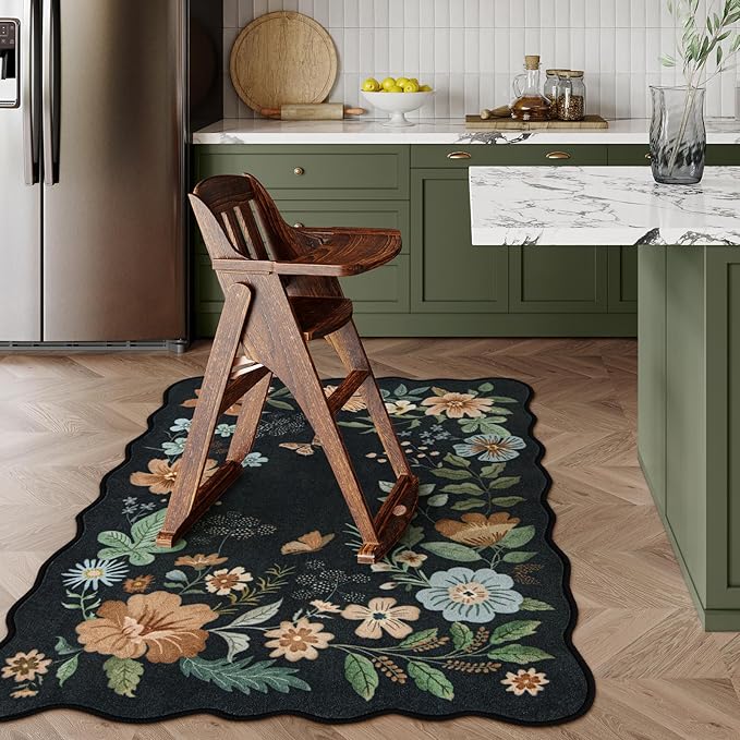 Lahome Floral Machine Washable Rug, 3x5 Rug Non Slip Soft Bedroom Rugs for Entryway Dorm, Ultra-Thin Boho Rugs for Living Room Stain Resistan Flore Carpet for Nursery Entrance, Black/Grey