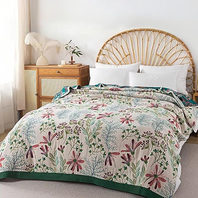 Boho Blanket for Bed 100% Cotton Bohemian Throw Blankets Ultra Soft Woven Muslin Decorative Blankets All Seasons Vintage Quilt Knitted Blanket for Sofa Chair(Green, 90"x98")
