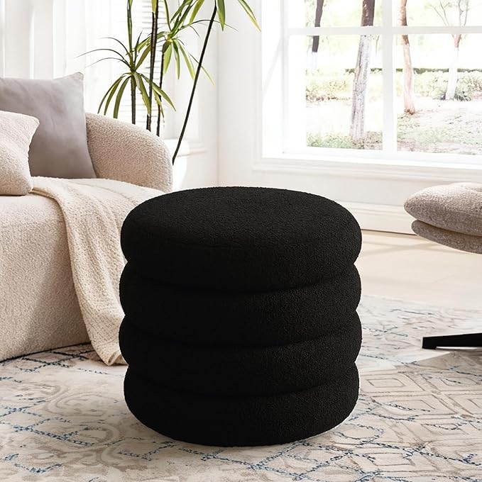 Flouki 19.5" Storage Ottoman Round, Vanity Stools for Bedroom, Sherpa Pouf Ottoman with Removable Lid, Modern Ottoman Stool for Girls Women, Foot Stool for Living Room, Black