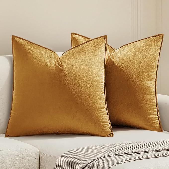 MIULEE Dark Gold Velvet Throw Pillow Covers 22x22 Soft Decorative Solid Square Cushion Cases Pack of 2 Modern Luxury Home Decor for Couch, Sofa, Bedroom
