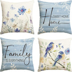 AVOIN colorlife Spring Saying Flowers Butterfly Bird Throw Pillow Covers, 18 x 18 Inch Home Sweet Home Blue Cushion Case for Sofa Couch Set of 4