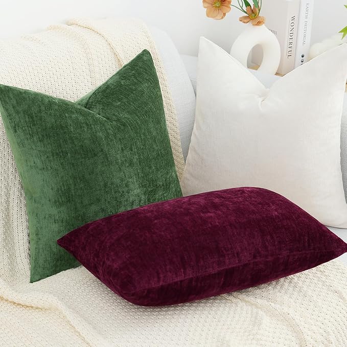 decorUhome Chenille Burgundy Spring Throw Pillow Covers 18x18 Inch Set of 2, Decorative Soft Couch Pillow Covers Solid Dyed Accent Farmhouse Neutral Square Pillow Cases for Sofa
