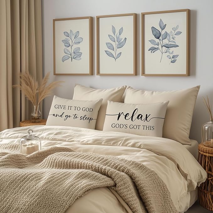 Christian Pillow Covers 12x20 Inch Set of 2 – Warm Cream Lumbar Case – Relax God’s Got This/Give It to God and Go to Sleep – Neutral Faith Throw Pillows Cases for Bed or Couch