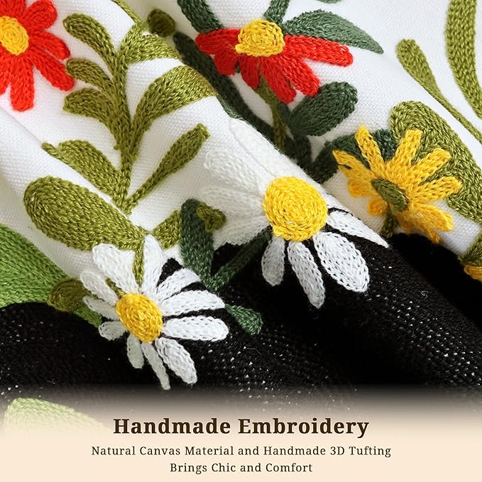 Embroidered Pillow Covers 18x18 Inch Set of 1, Black Cat and Floral Patterned Decorative Throw Pillow Covers Square Farmhouse Canvas Cushion Cases for Couch Sofa Bed Living Room Home Decor
