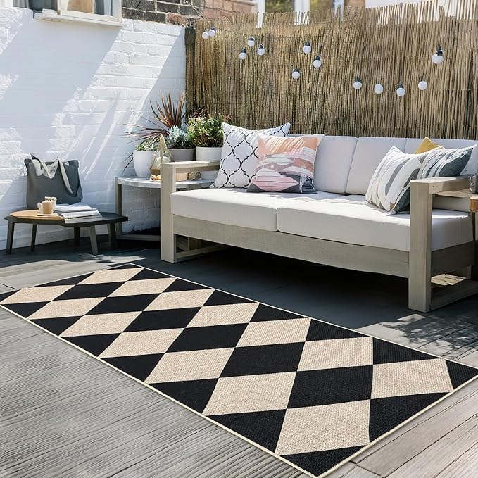 GarveeHome Checkered Easy Jute Runner Rug 2x6 Non-Slip Machine Washable Stain Resistant Indoor Outdoor Rugs for Living Room, Bedroom, Kitchen, Dining, Patio - Farmhouse Style Black
