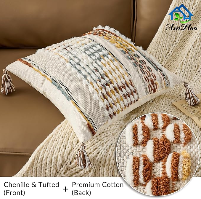 AmHoo Chenille Striped Tufted Textured Boho Throw Pillow Covers Aesthetic with Tassels Woven Decorative Pillow Case for Couch Bed Sofa Bedroom Modern Funky 18 x 18-Inch Brown White