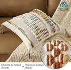 AmHoo Chenille Striped Tufted Textured Boho Throw Pillow Covers Aesthetic with Tassels Woven Decorative Pillow Case for Couch Bed Sofa Bedroom Modern Funky 18 x 18-Inch Brown White
