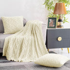 Homiest Cable Knit Throw Blanket & Pillow Set, Cream White Set of 3, Knitted Blanket (50"x60") & 2 Pillow Covers (18"x18"), Soft & Cozy Decorative Set for Couch, Bed, Sofa