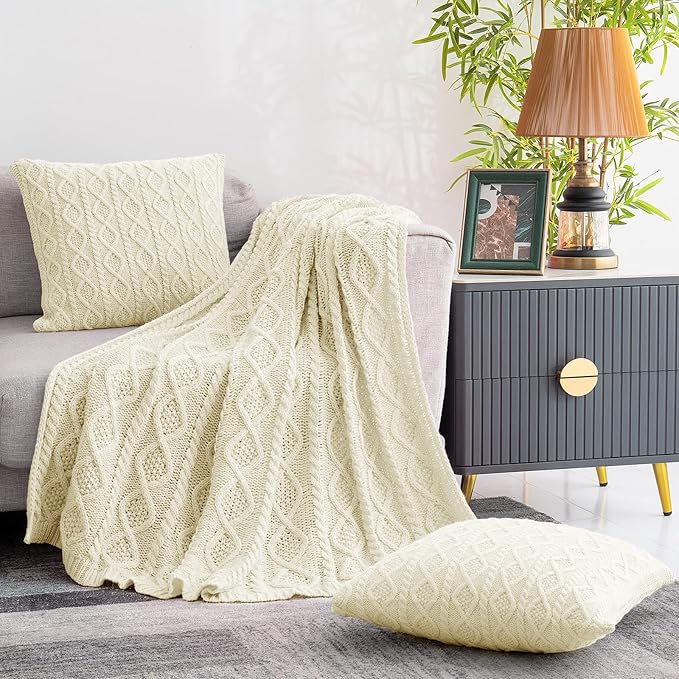 Homiest Cable Knit Throw Blanket & Pillow Set, Cream White Set of 3, Knitted Blanket (50"x60") & 2 Pillow Covers (18"x18"), Soft & Cozy Decorative Set for Couch, Bed, Sofa