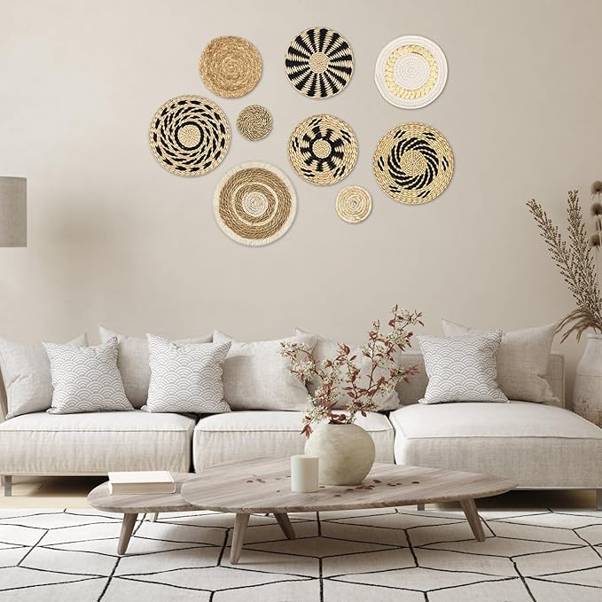 MJOGGOTT 9 Pcs Boho Wall Basket Decor Hanging Woven Wall Basket Art Decor Rattan Wicker Seagrass Home Round Tassels White Macrame Tapestry Baskets Decoration for Kitchen Home Farmhouse Decoration