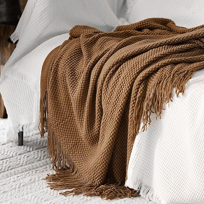 LOMAO Knitted Throw Blanket with Tassels Bubble Textured Lightweight Throws for Couch Cover Home Decor (Khaki, 60x80)