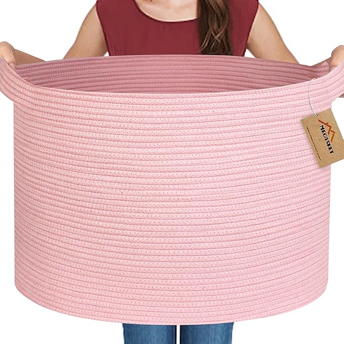 Extra Large Pink Basket, 22"x22"x14" Woven Cotton Rope Bin with Handles, Blanket Storage for Living Room, Baby Kids Toy Storage Bin Box, Wicker Laundry Basket, Pink Room Decor Organizing