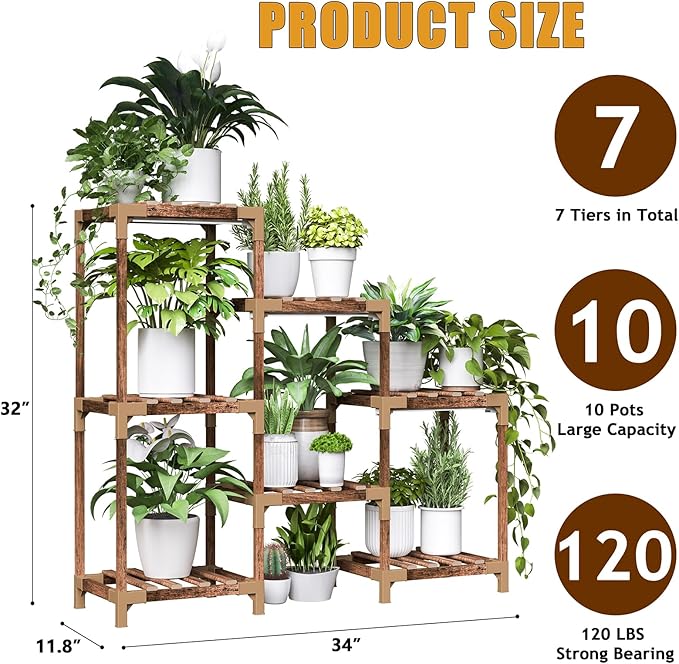 HOMKIRT Plant Stand with Grow Light, Plant Shelf Indoor for Mutiple Pots, 7 Tiers Wood Plant Ladder Holder Flower Stand for Corner Living Room Patio Boho Home Decor