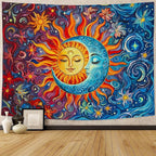 Sun and Moon Tapestry Boho Hippie Orange Red Blue Floral Tapestry for Bedroom Aesthetic Abstract Plant Flowers Stars Small Tapestries Wall Hanging for Living Room Dorm 80 x 60 Inch