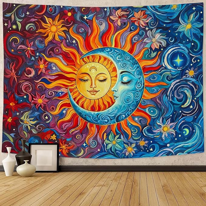 Sun and Moon Tapestry Boho Hippie Orange Red Blue Floral Tapestry for Bedroom Aesthetic Abstract Plant Flowers Stars Small Tapestries Wall Hanging for Living Room Dorm 90 x 68 Inch
