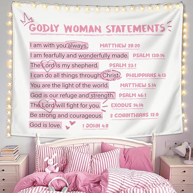 LIANGW Cute Pink Christian Tapestry Aesthetic for Bedroom, Coquette Preppy Room Decor for Teen Girls & Women, Dorm Decor for College Girls, Bible Verses Tapestries Wall Hanging 50x60 inche