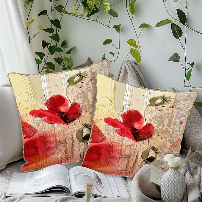 KSLIDS Red Poppy Flower Soft Velvet Throw Pillow Covers Set of 2 Watercolor Art Flower Decorative Pillow Covers 16x16 Inch Retro Beige Pillow Case for Sofa Couch Living Room Farmhouse Home Decor