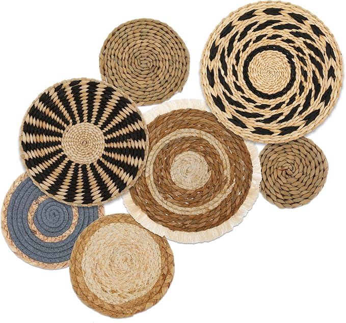 7 Pack Boho Wall Basket Decor Set, Hanging Woven Seagrass Rattan Wicker Boho Wall Decor, Round Farmhouse Wall Hanging Baskets Rustic Flat Wall Art for Living Room Bedroom Kitchen