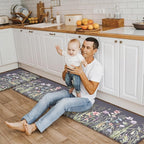 KIMODE Anti Fatigue Kitchen Mat for Floor, 17"x59"+17"x29" Floral Kitchen Rugs Sets of 2, Kitchen Floor Mats Non-Slip, Cushioned Standing Desk mat for Sink, Laundry, Office Dark Grey/Purple
