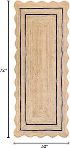 Wave Scalloped Natural Jute Rug - Boho Entryway Runner, Farmhouse Scallop, Navy (2'6"x6')