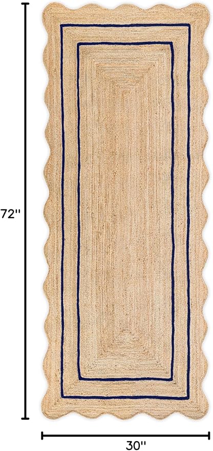 Wave Scalloped Natural Jute Rug - Boho Entryway Runner, Farmhouse Scallop, Navy (2'6"x6')