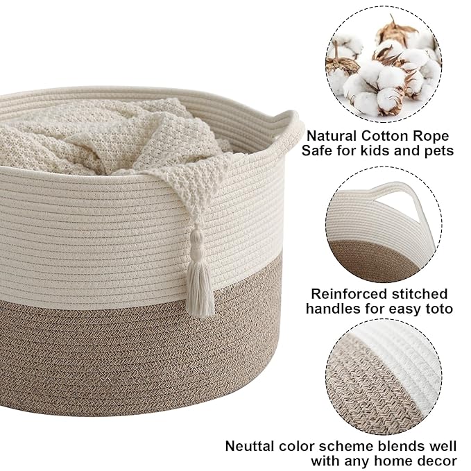 90L Large Blanket Basket,21.7"L x 21.7"W x 13.8"H Rope Woven Baskets with Handles, Toys Storage Bins,Laundry Basket Perfect for Living Room, Nursery,Bedroom,Home Organization,White&Brown