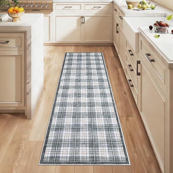 GarveeHome Checkered 2x6 Runner Rug, Machine Washable Stain Resistant Rug with Non Slip Backing, Carpet with Low-Pile for Hallways Kitchen Entryway Bedroom Living Room Grey